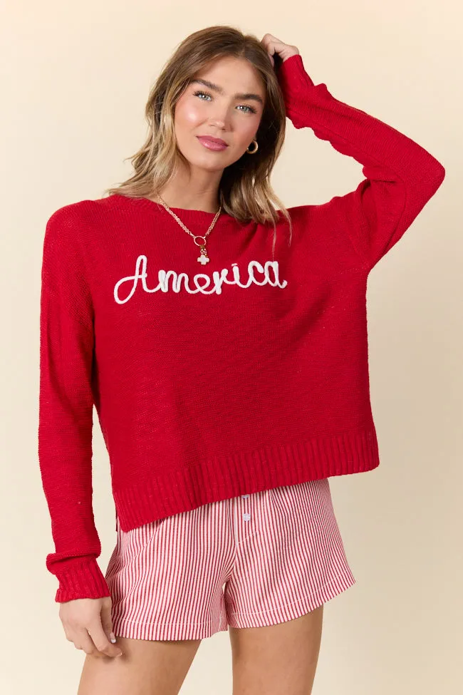 Off To The Fireworks Red America Script Striped Sweater