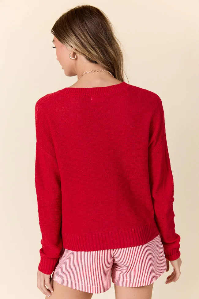 Off To The Fireworks Red America Script Striped Sweater