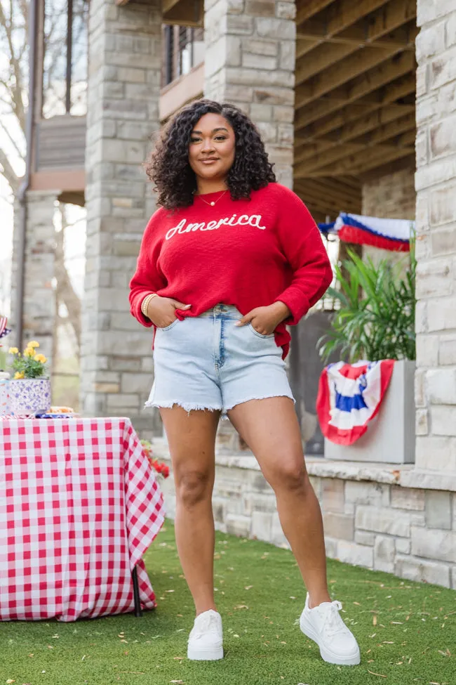 Off To The Fireworks Red America Script Striped Sweater