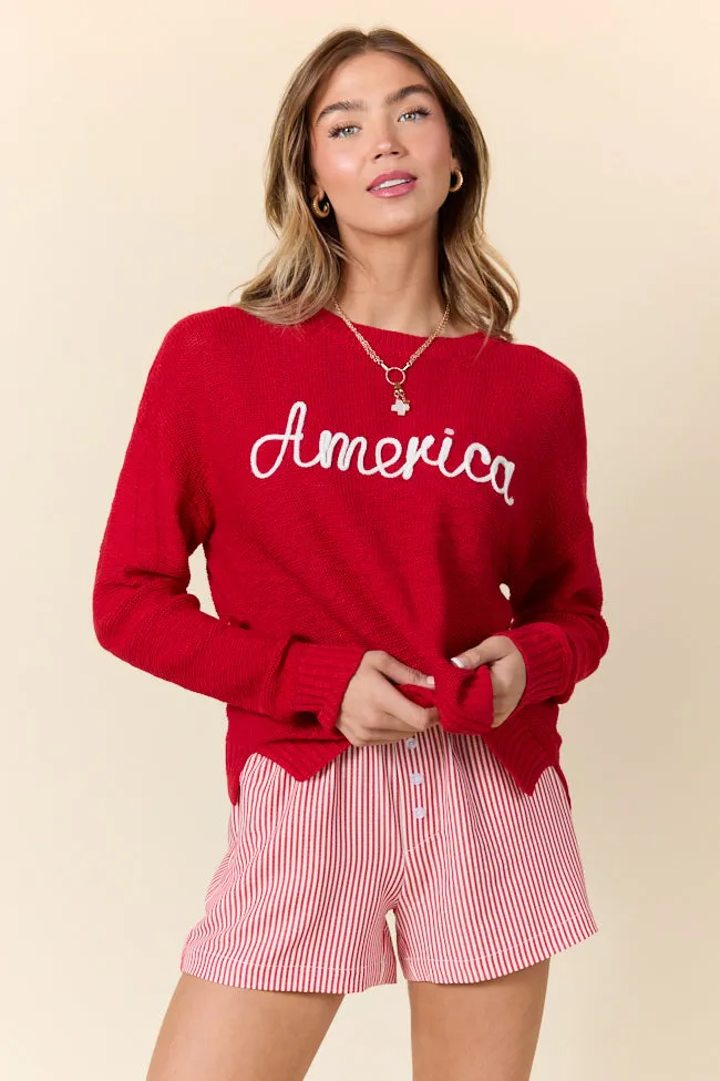 Off To The Fireworks Red America Script Striped Sweater