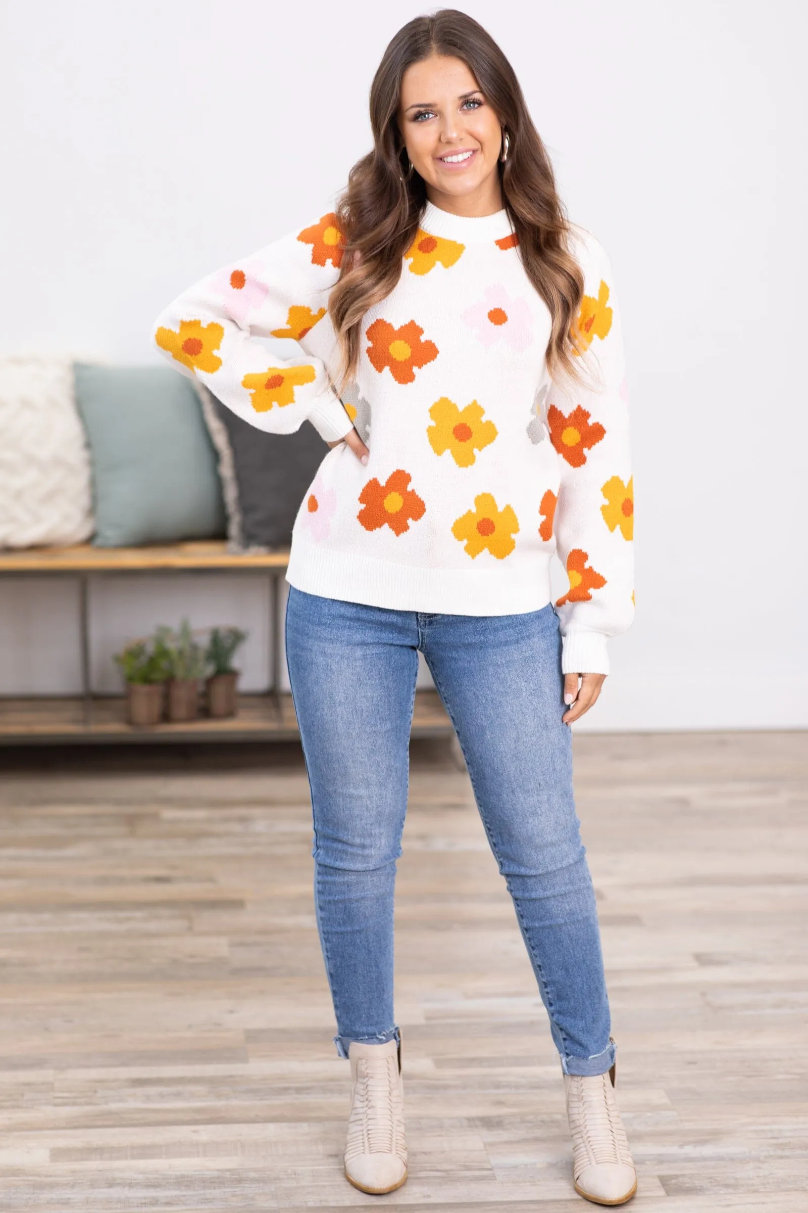 Off White Multicolor Intarisa Flowers Sweater