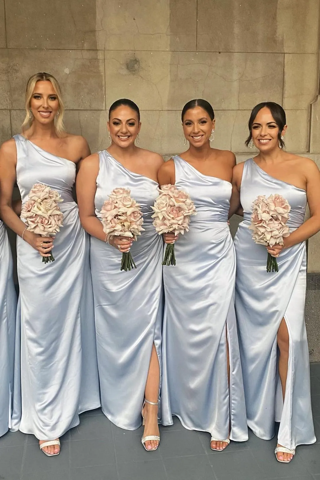 One Shoulder Light Blue Draped Dress with Slit