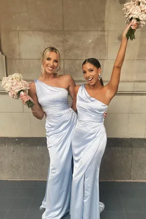 One Shoulder Light Blue Draped Dress with Slit