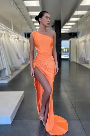 One Shoulder Vintage Mermaid Prom Gown with Dramatic Slit and Pleated Details