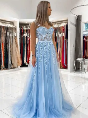 Open Back Light Blue Tulle Lace Floral Long Prom Dresses, Light Blue Lace Formal Graduation Evening Dresses with 3D Flowers