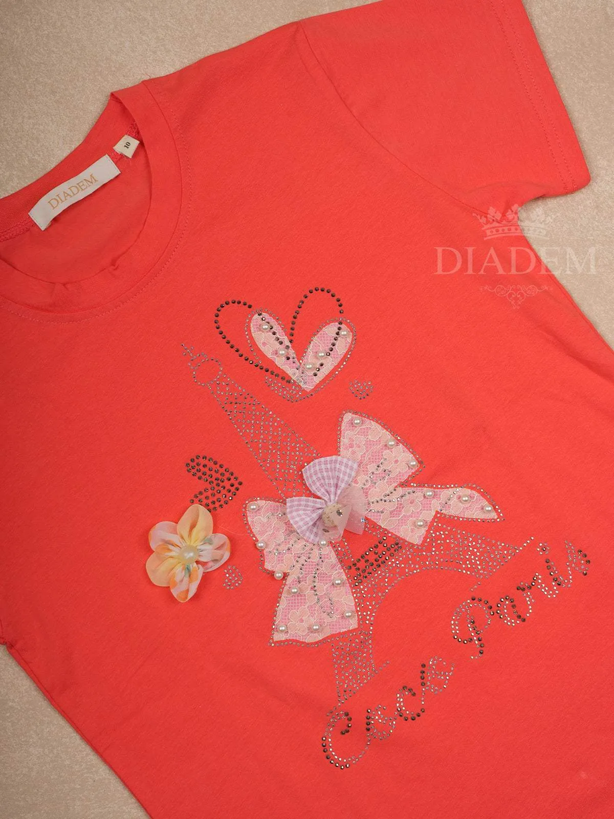 Orange Cotton Half Sleeve T-Shirt with 3D Floral and Bow Designs for Girls