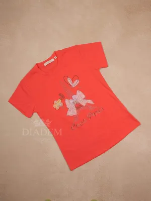 Orange Cotton Half Sleeve T-Shirt with 3D Floral and Bow Designs for Girls