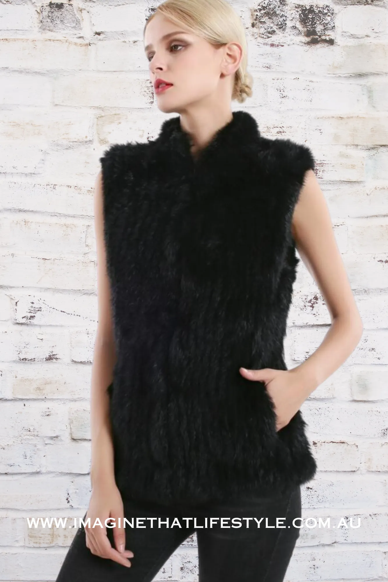 'Paris' Genuine Fur Vest - Black