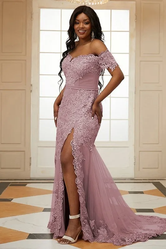 Pink Off Shoulder Tulle Appliques Side Slit Bespoke Prom Dresses