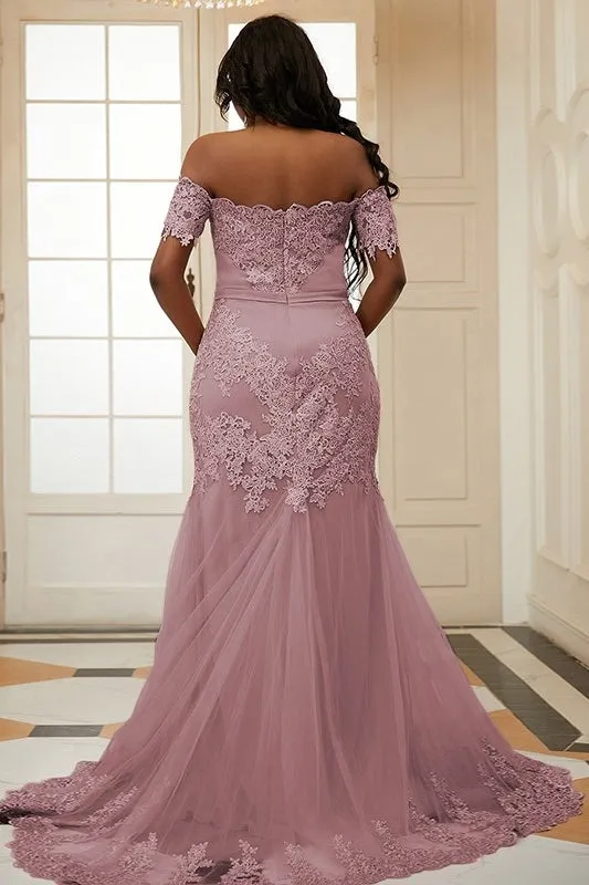 Pink Off Shoulder Tulle Appliques Side Slit Bespoke Prom Dresses