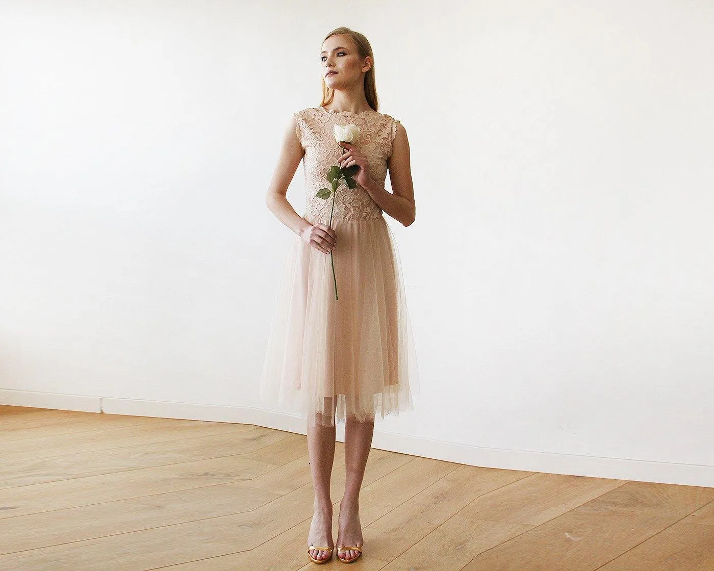 Pink Tulle and Lace Sleeveless Short Dress  #1159