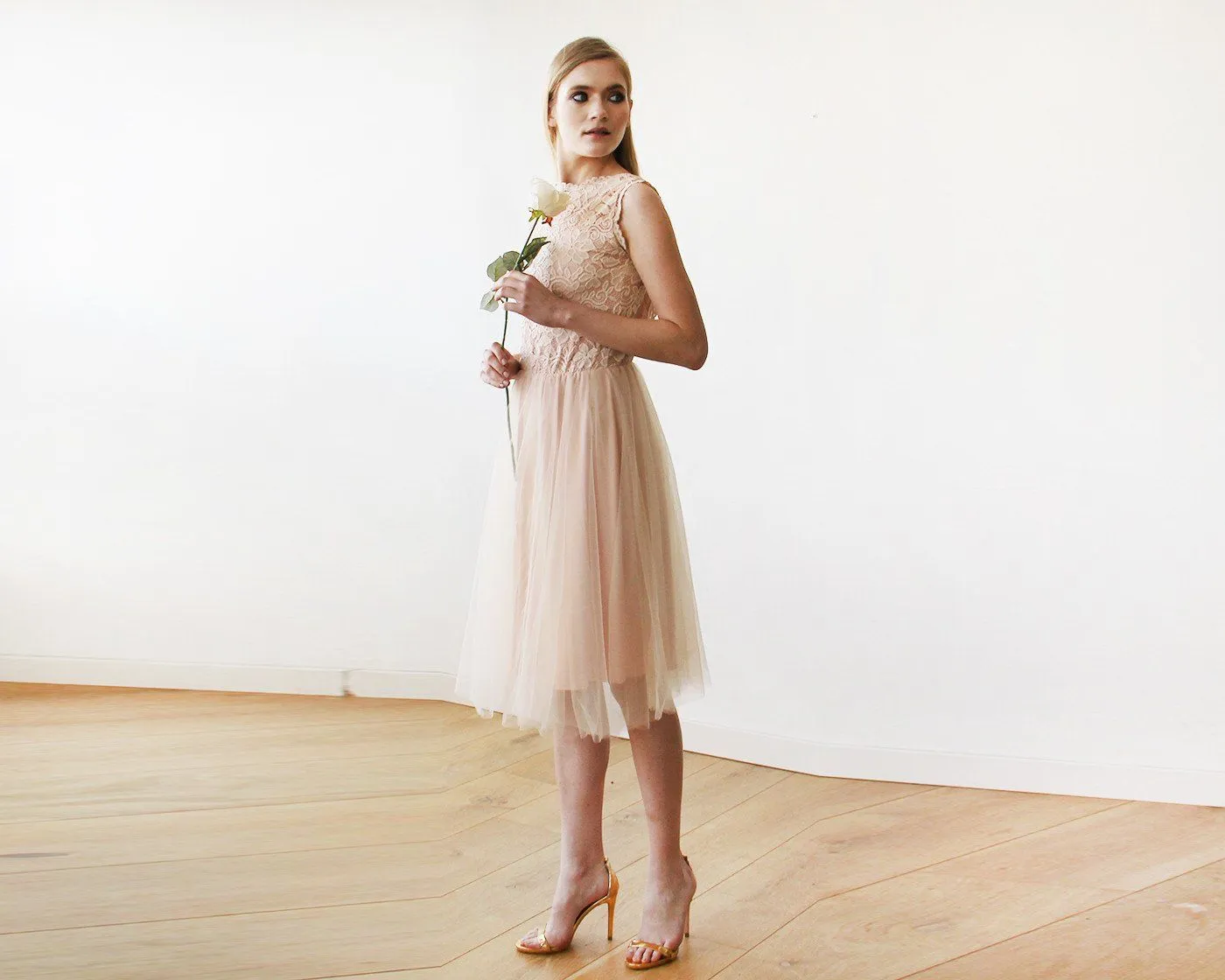 Pink Tulle and Lace Sleeveless Short Dress  #1159