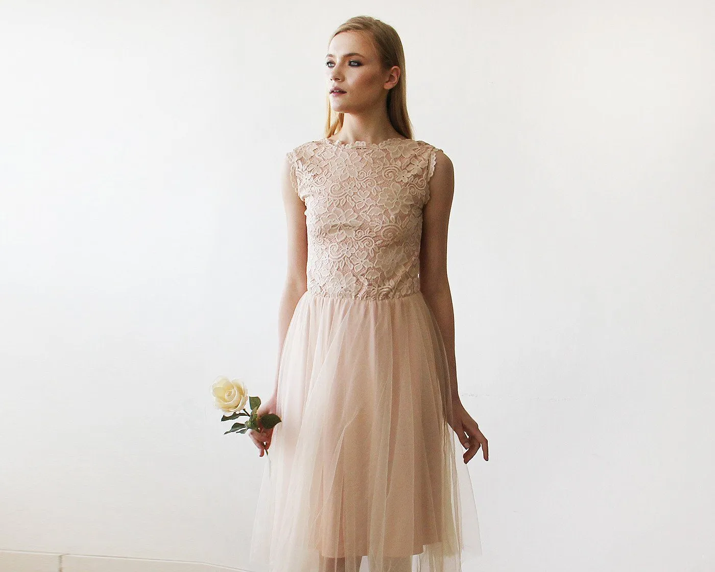 Pink Tulle and Lace Sleeveless Short Dress  #1159