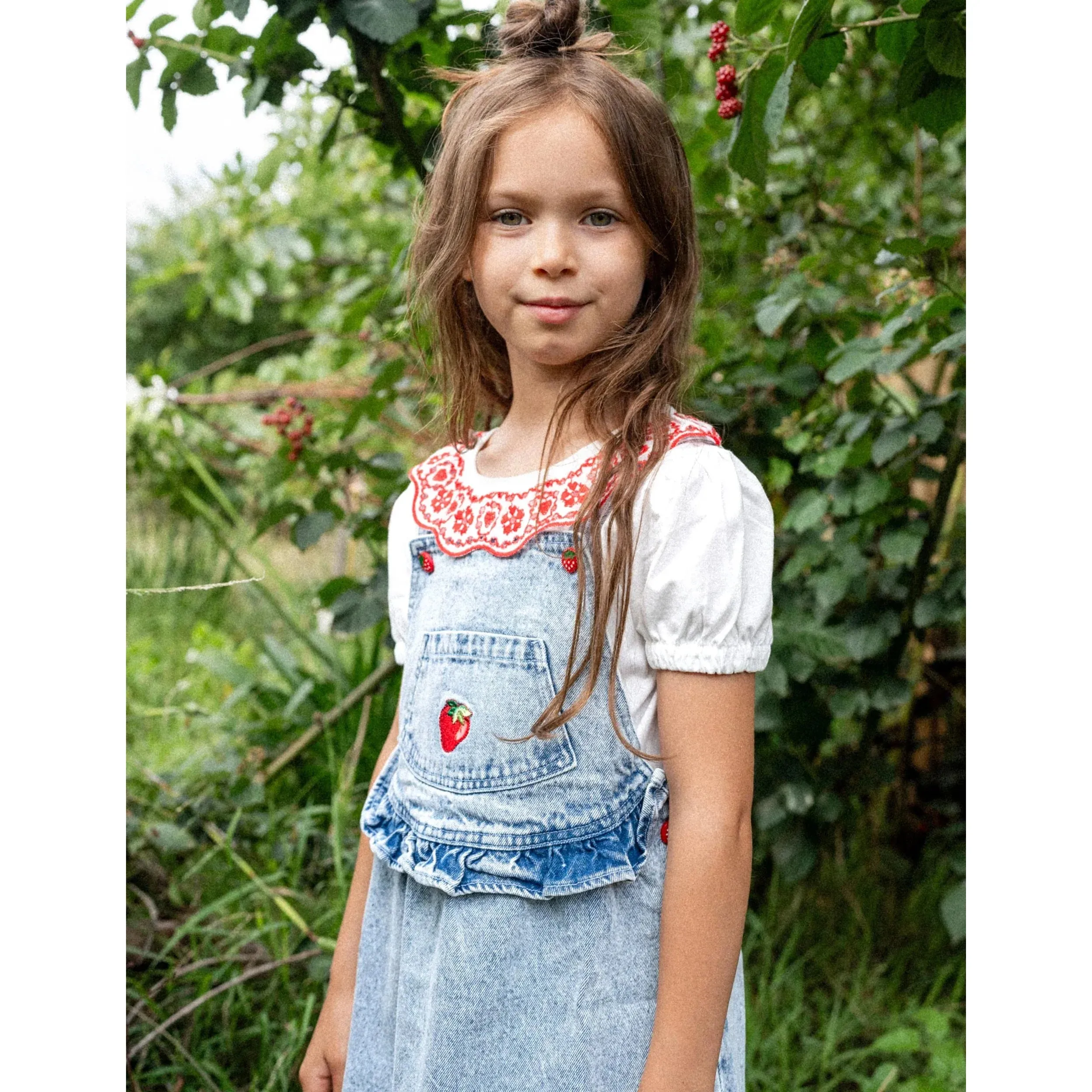Pippa Strawberry Denim Pinafore Dress