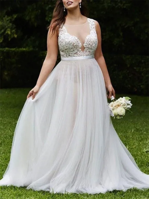 Plus Size Beach Wedding Dresses 2019 Sexy Sheer V-Neck Tulle A Line Bridal Gowns Vestidos