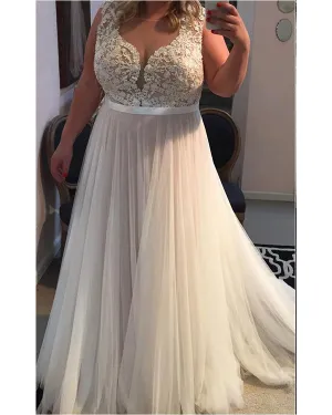 Plus Size Beach Wedding Dresses 2019 Sexy Sheer V-Neck Tulle A Line Bridal Gowns Vestidos