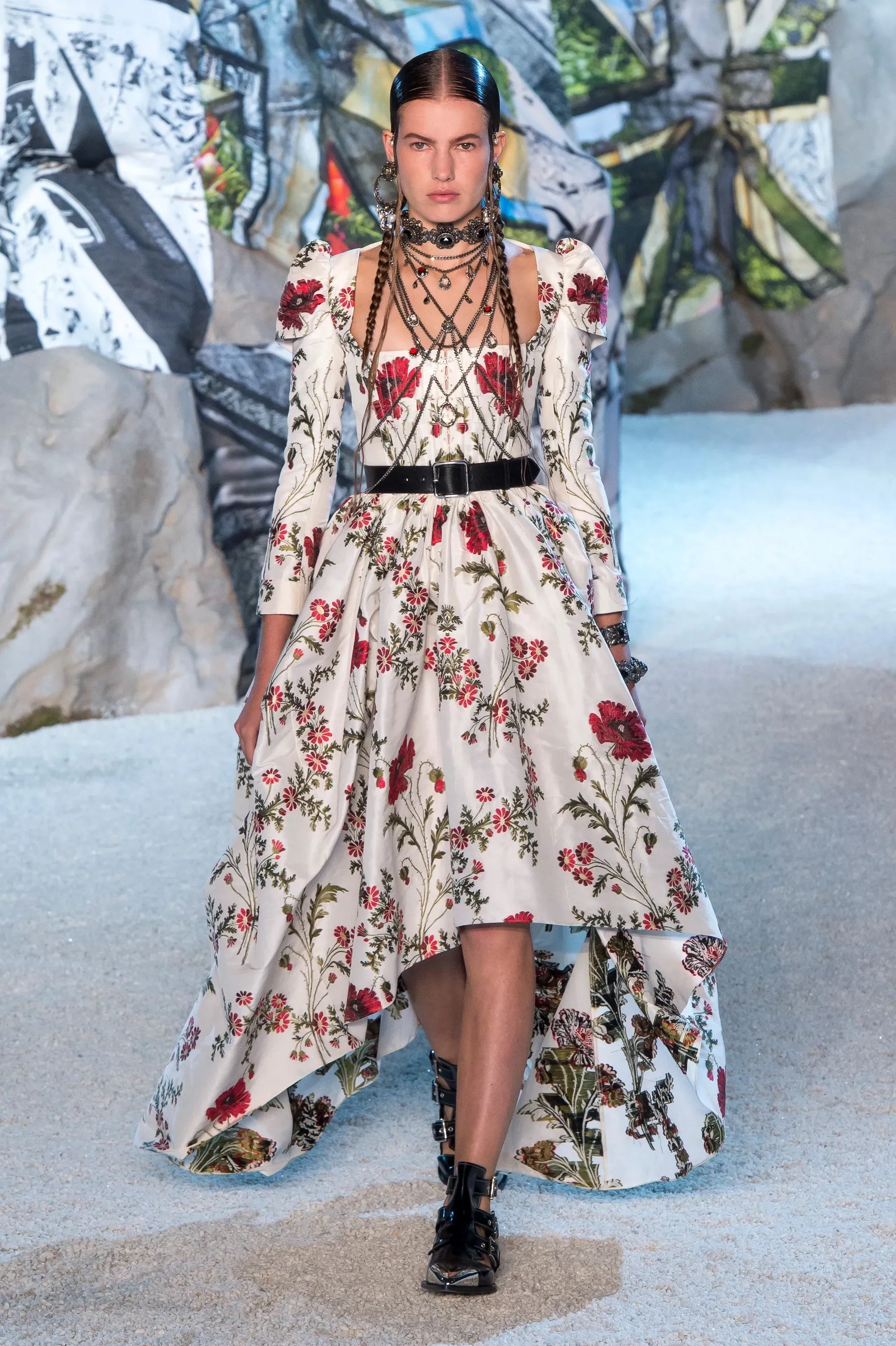 Pretty Spring 2019 Alexander McQueen by Sarah Burton Crisp White Cotton & Red Floral Print Dress