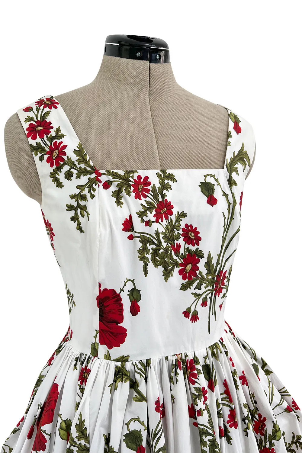 Pretty Spring 2019 Alexander McQueen by Sarah Burton Crisp White Cotton & Red Floral Print Dress