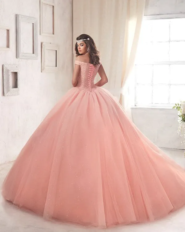 Princess Quinceanera Dresses Beadings Shinny Off The Shoulder Coral Tulle Ball Gowns Sweet 16 Dress
