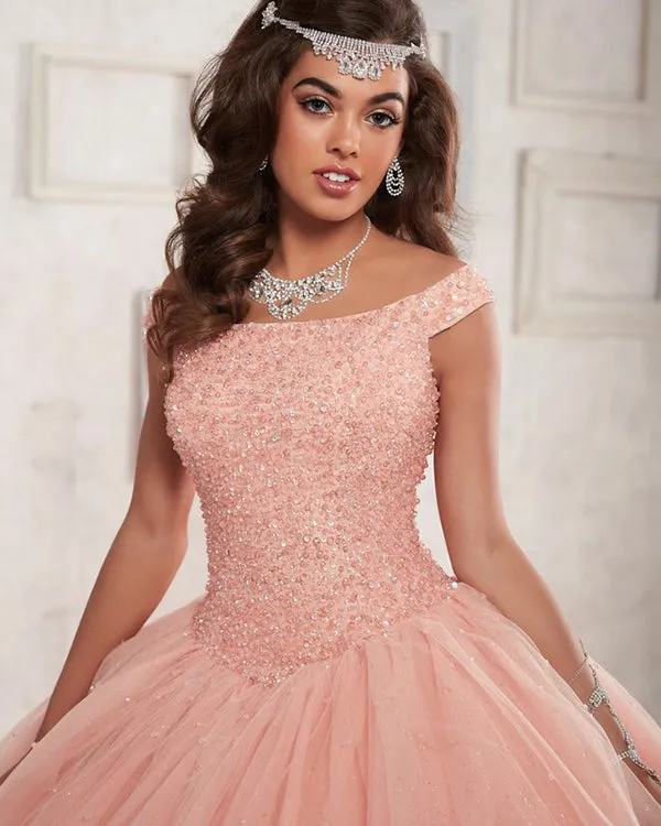 Princess Quinceanera Dresses Beadings Shinny Off The Shoulder Coral Tulle Ball Gowns Sweet 16 Dress