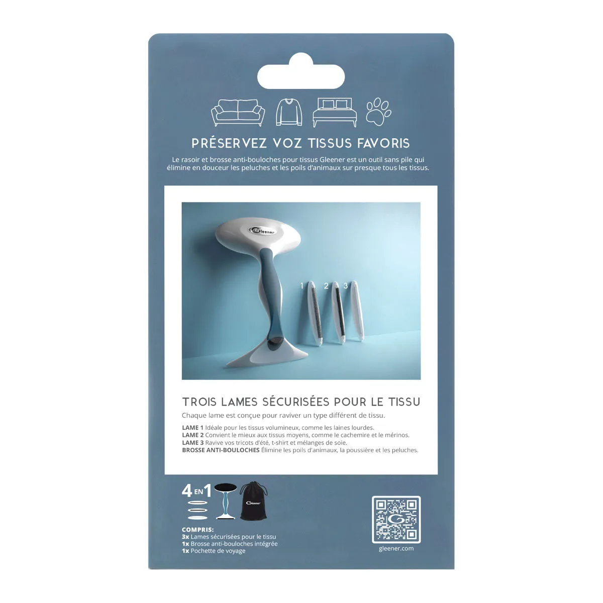 Rasoir et brosse anti-bouloches pour tissus vendu dans une boîte de carton