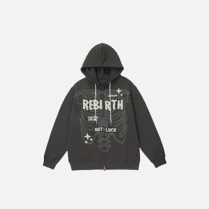 Rebirth Skeleton Zip Hoodie for Y2K Streetwear Collection