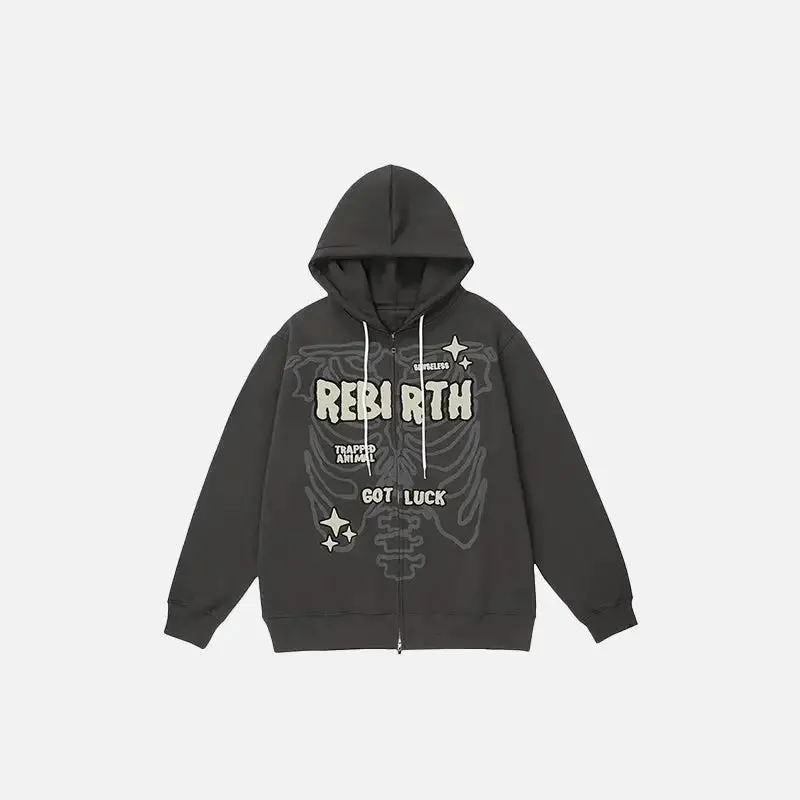 Rebirth Skeleton Zip Hoodie for Y2K Streetwear Collection
