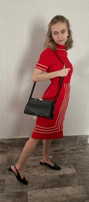 Red Linen Short Sleeve Dress with White Piping