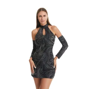 Reflective Halter Dress – Rainbow Mini Party Rave Festival Dress with Detachable Sleeves
