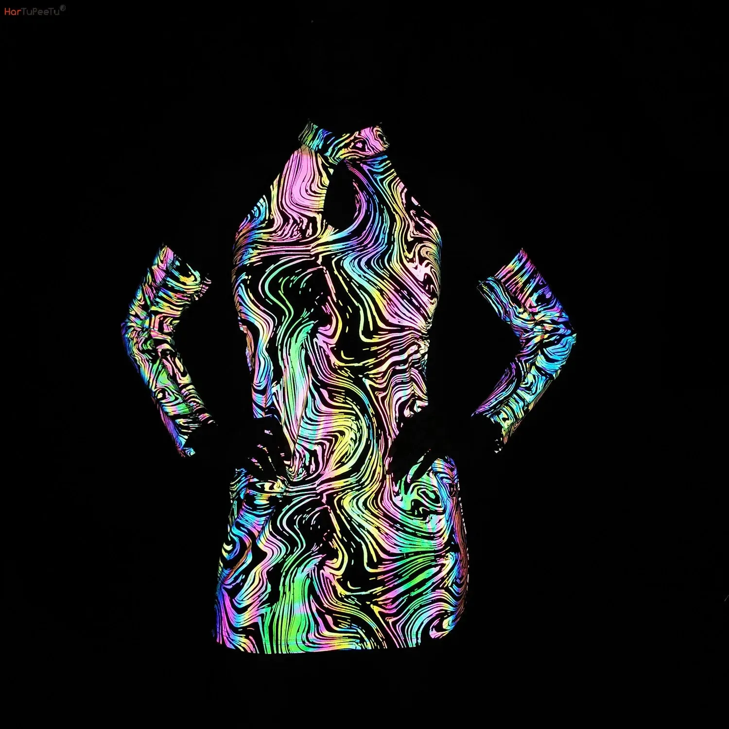 Reflective Halter Dress – Rainbow Mini Party Rave Festival Dress with Detachable Sleeves