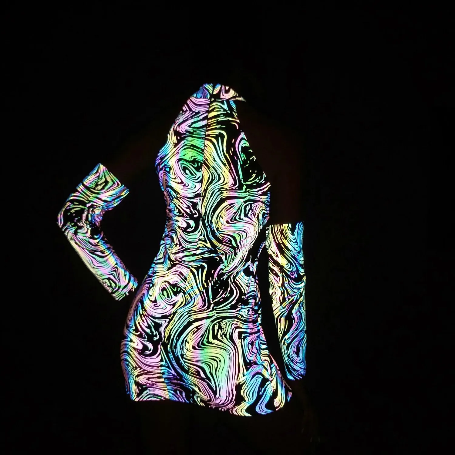 Reflective Halter Dress – Rainbow Mini Party Rave Festival Dress with Detachable Sleeves