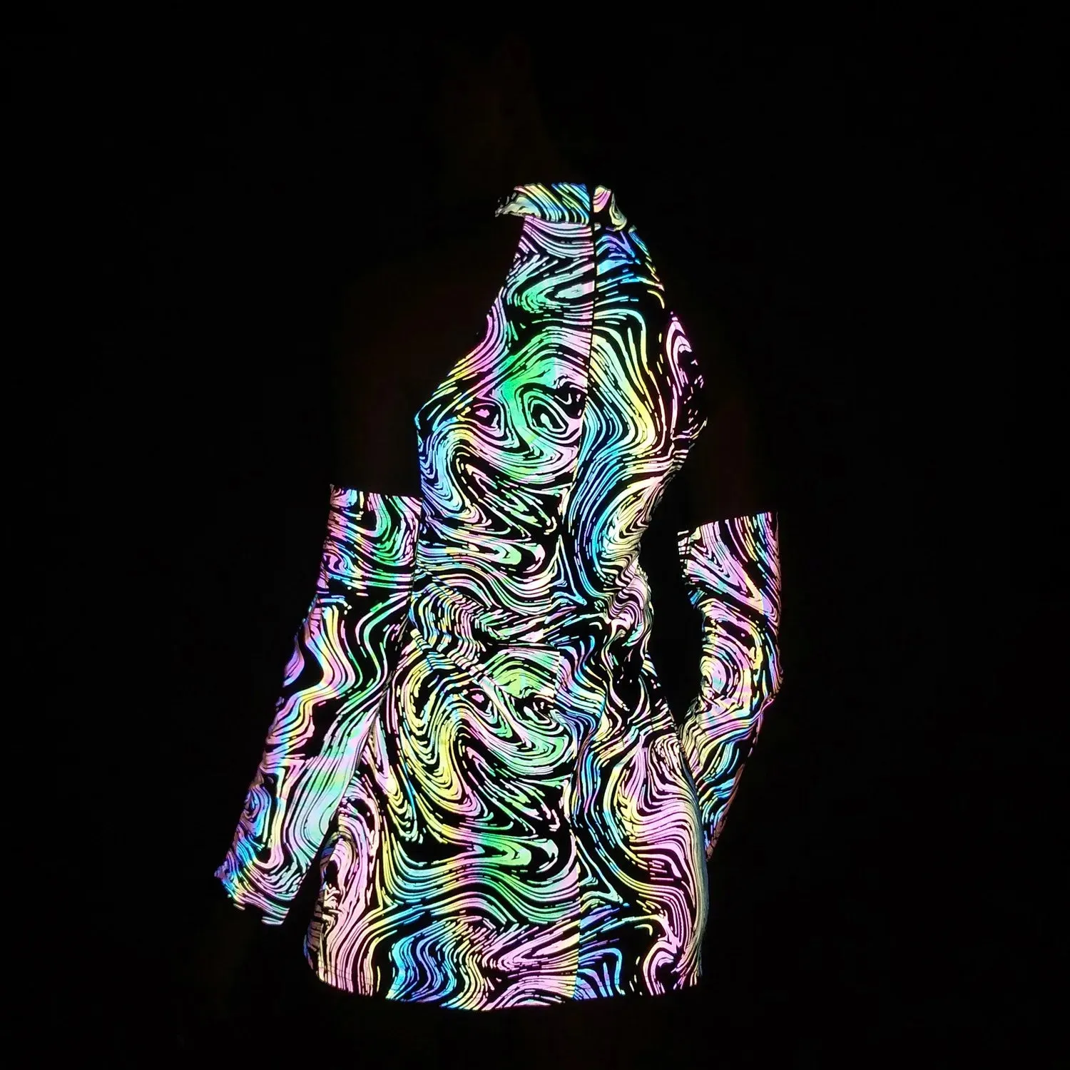 Reflective Halter Dress – Rainbow Mini Party Rave Festival Dress with Detachable Sleeves