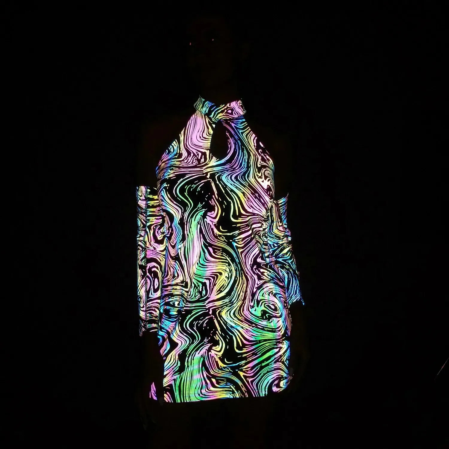 Reflective Halter Dress – Rainbow Mini Party Rave Festival Dress with Detachable Sleeves