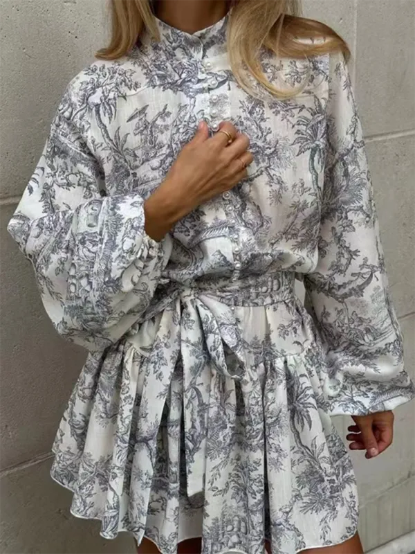 Retro A-line Dress with Puff Sleeves and Lace-up Waist