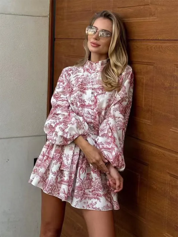 Retro A-line Dress with Puff Sleeves and Lace-up Waist