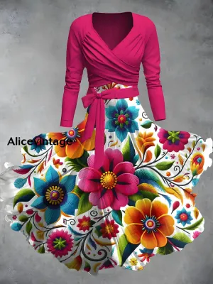 Retro Mexican Floral Print V-Neck Elegant Chic Midi Two-Piece Long Sleeve Dress