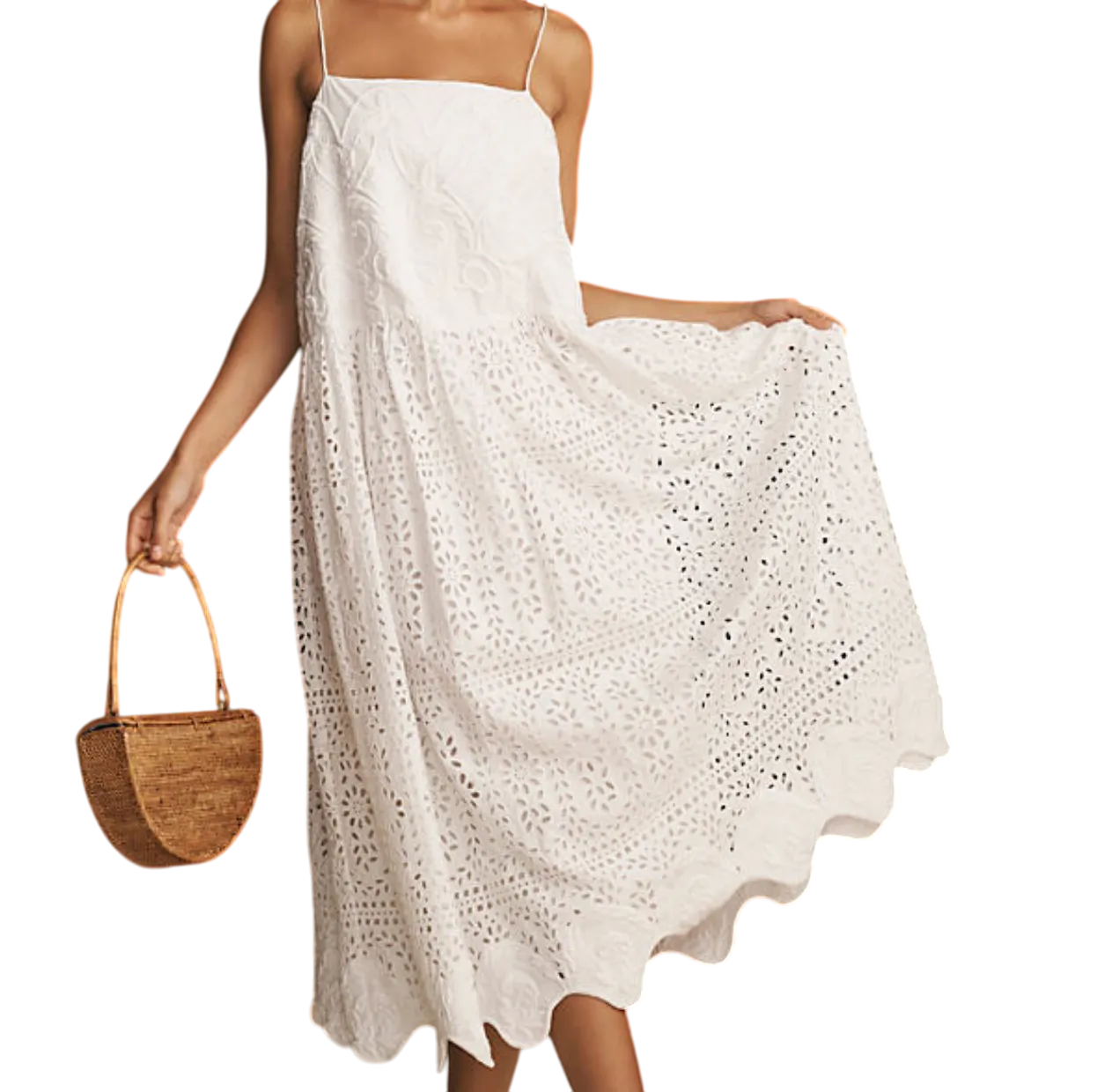 Rhode White Rosa Embroidered scallop hem Eyelet midi Dress UK L
