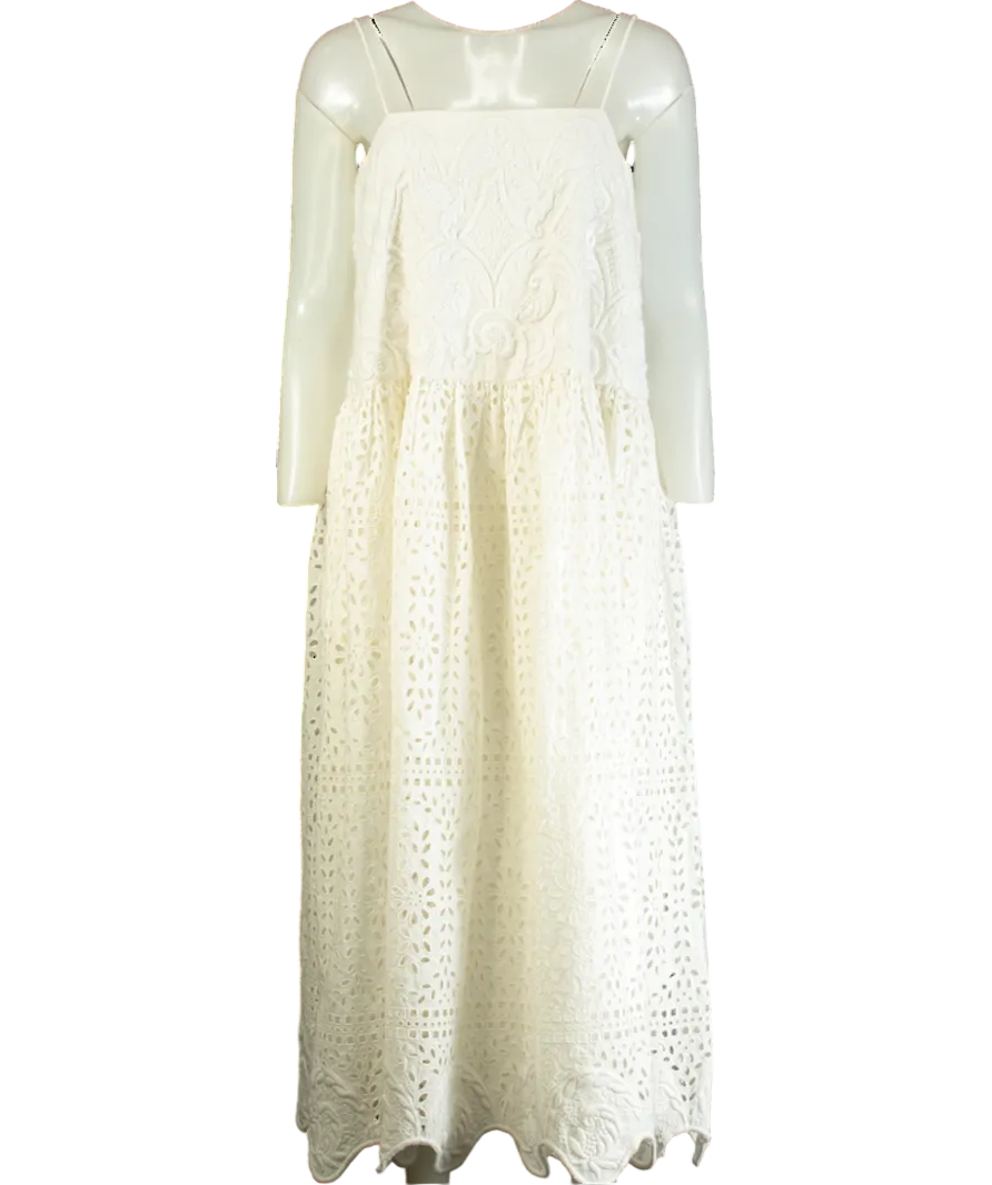 Rhode White Rosa Embroidered scallop hem Eyelet midi Dress UK L