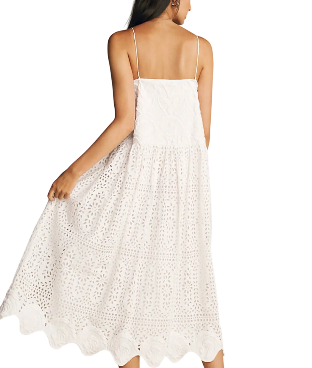 Rhode White Rosa Embroidered scallop hem Eyelet midi Dress UK L