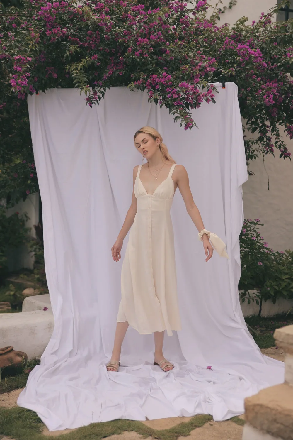 RIVIERA Button Down Slip Dress Gathered Cup Detail with Matching Scrunchie and Mask (Cream Silk)