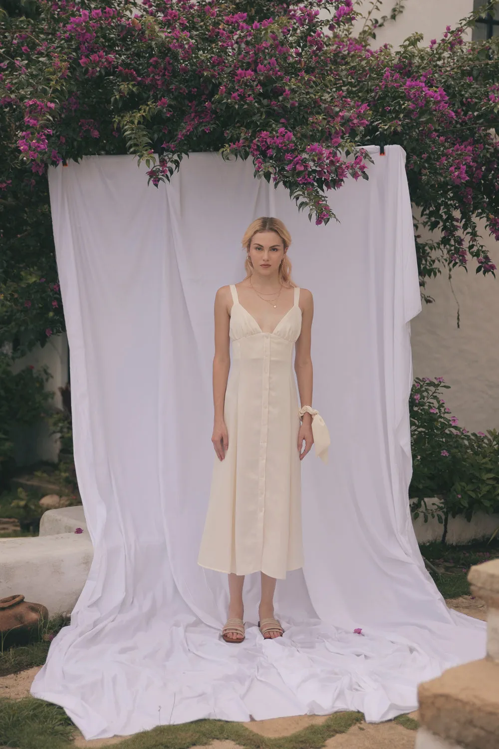RIVIERA Button Down Slip Dress Gathered Cup Detail with Matching Scrunchie and Mask (Cream Silk)