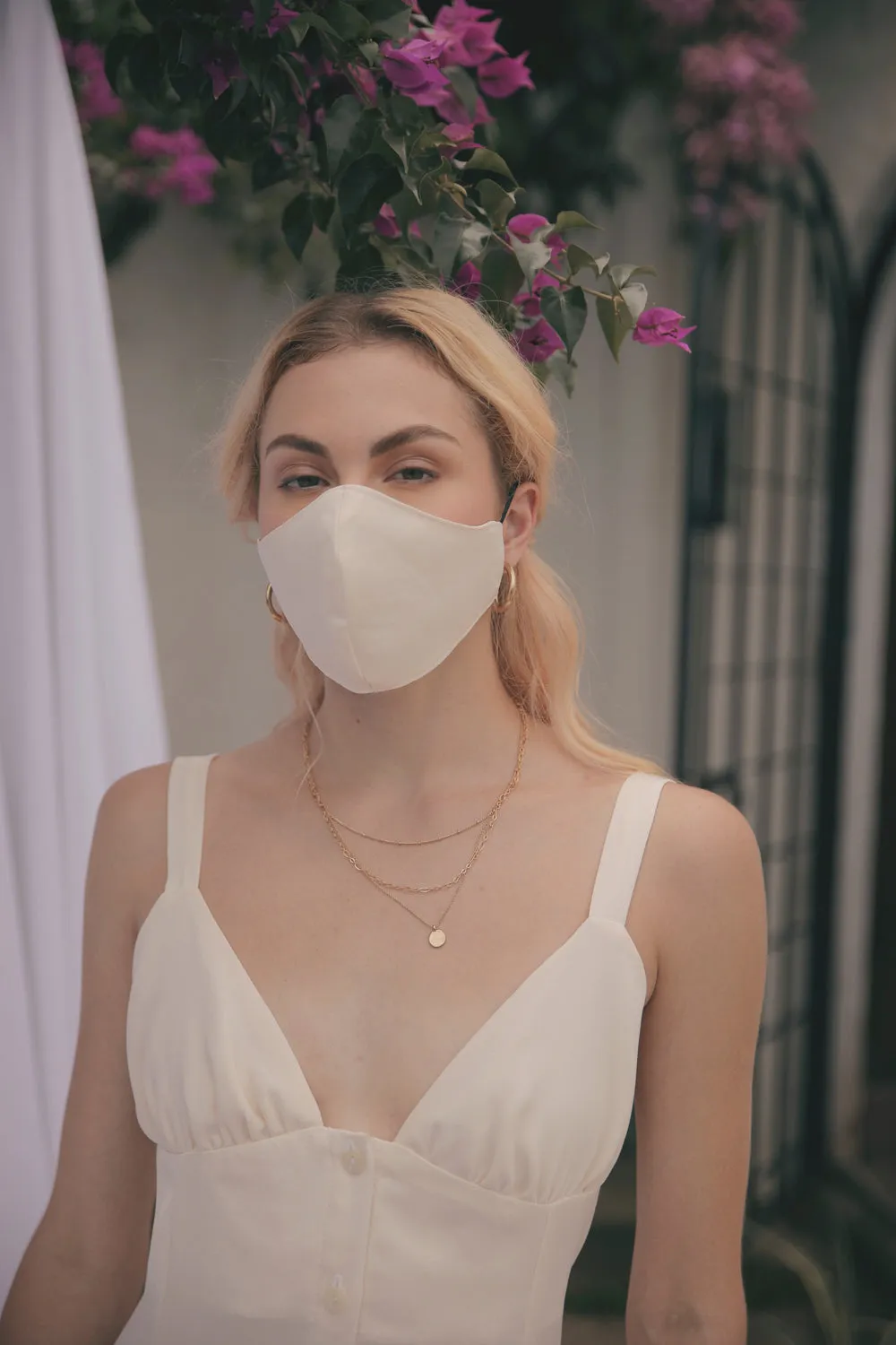 RIVIERA Button Down Slip Dress Gathered Cup Detail with Matching Scrunchie and Mask (Cream Silk)