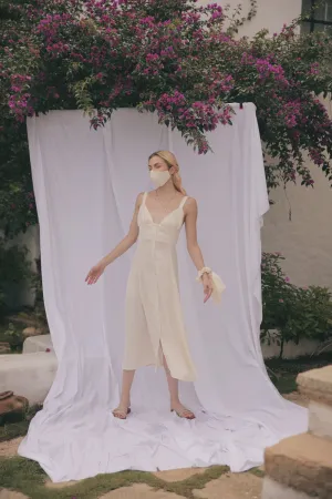 RIVIERA Button Down Slip Dress Gathered Cup Detail with Matching Scrunchie and Mask (Cream Silk)