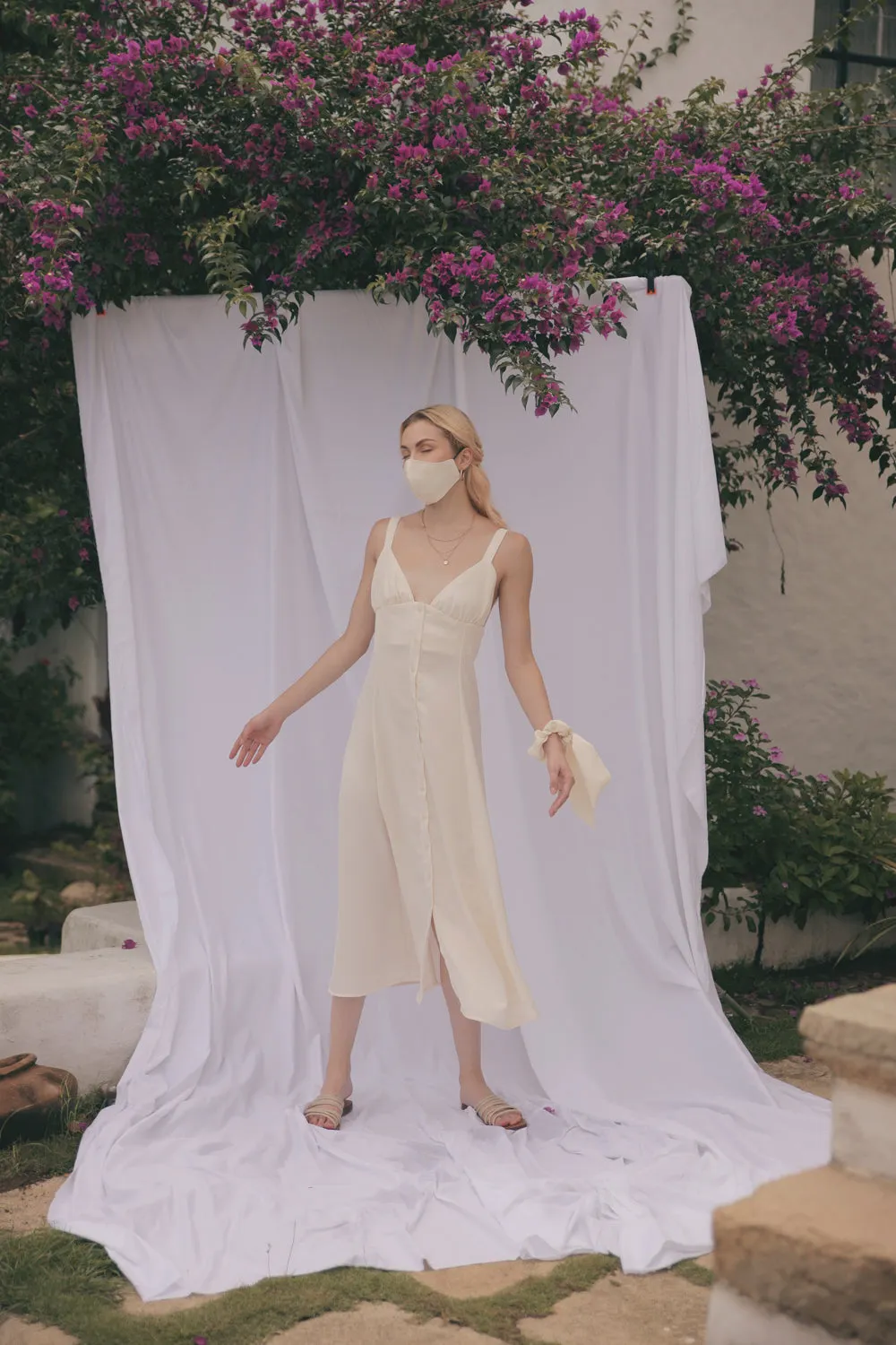 RIVIERA Button Down Slip Dress Gathered Cup Detail with Matching Scrunchie and Mask (Cream Silk)
