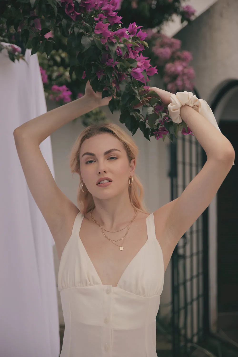 RIVIERA Button Down Slip Dress Gathered Cup Detail with Matching Scrunchie and Mask (Cream Silk)