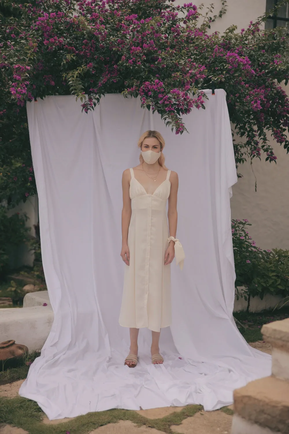 RIVIERA Button Down Slip Dress Gathered Cup Detail with Matching Scrunchie and Mask (Cream Silk)