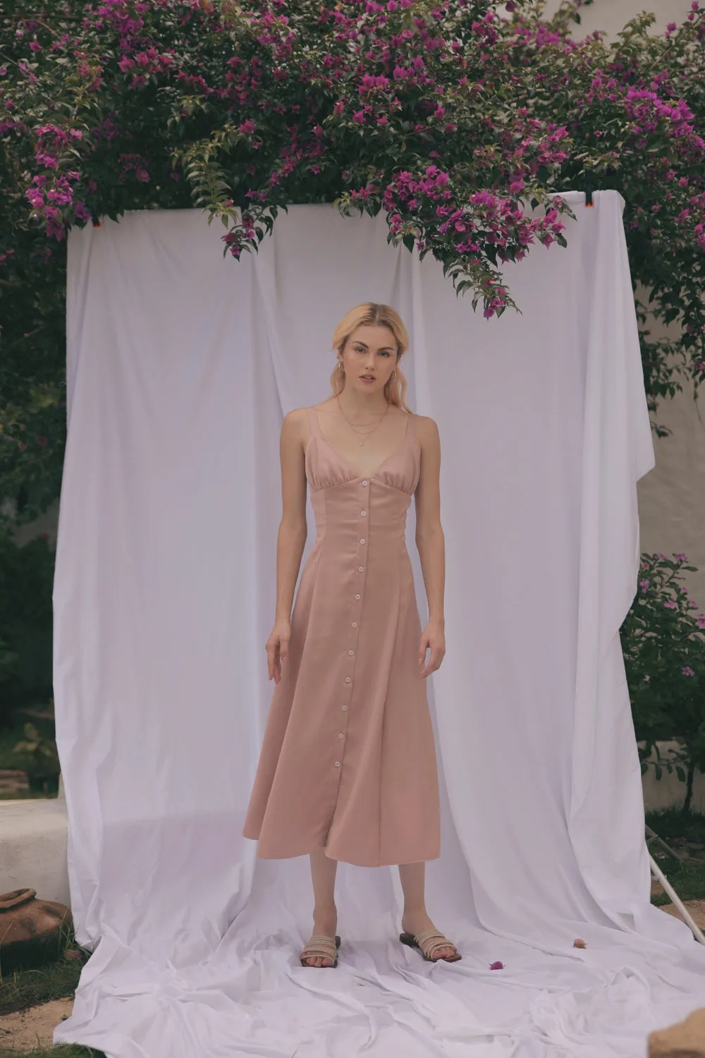 RIVIERA Button Down Slip Dress Gathered Cup Detail with Matching Scrunchie and Mask (Tan Silk)