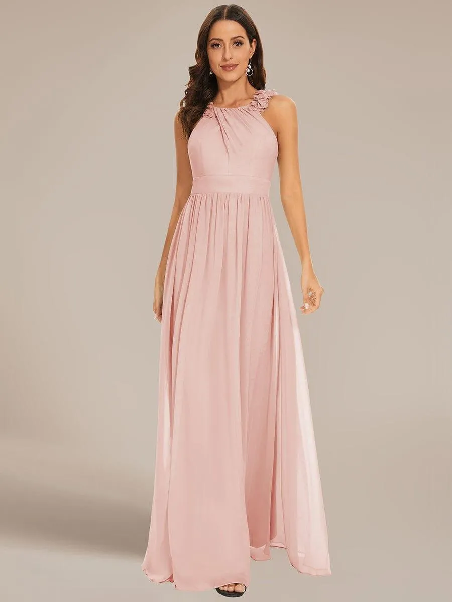 Robe demoiselle d'honneur mousseline plissée sans manches Appliques florales