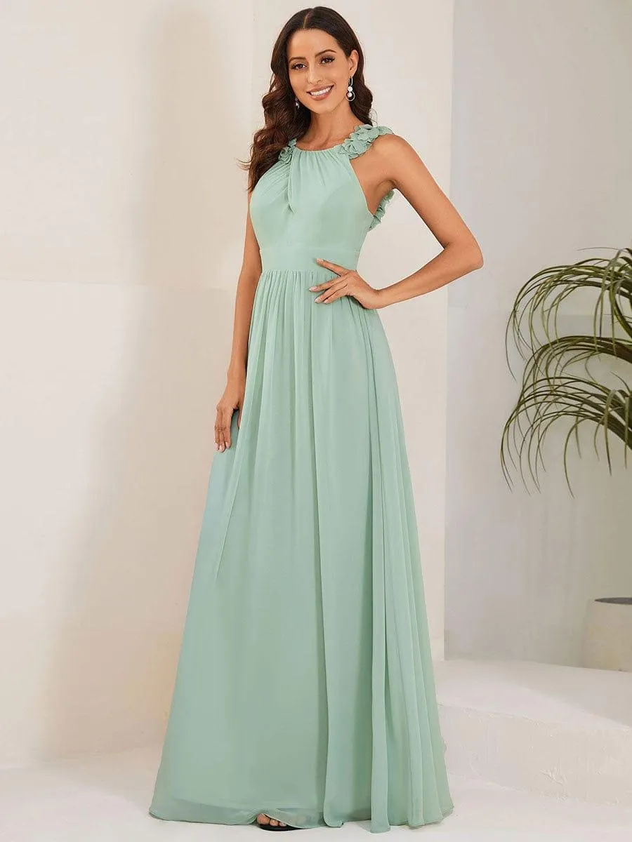 Robe demoiselle d'honneur mousseline plissée sans manches Appliques florales