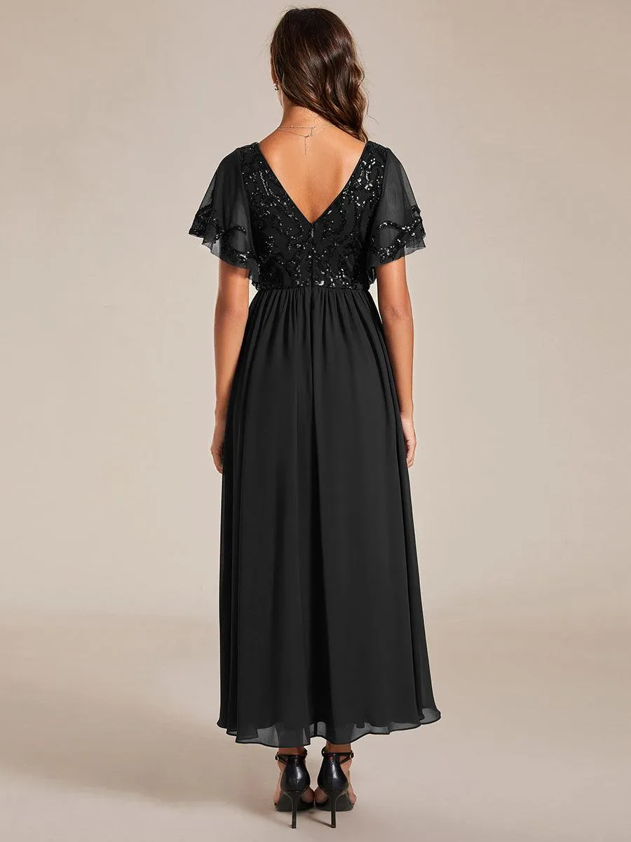 Robe Mère de la Mariée en mousseline à manches courtes et encolure en V